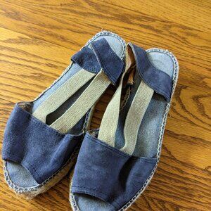 Toni Pons Navy Blue Suede Elastic Strap Flat Sandals Sz 37